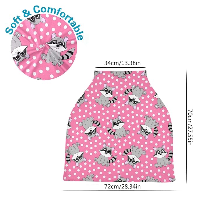 Cartoon Cute Raccoon Pink Polka Dot Pattern Stretchy Baby Car Seat Cover Infant Canopy Nursing Covers Breastfeeding Cover Breathable Windproof Winter Scarf for Boys Girls