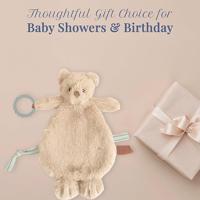 MON AMI Baldwin Bear Security Blanket with Silicone Teether | 12-Inch Plush Lovey for Babies | Soothing Sensory Snuggle Toy | Perfect Newborn Essential for Birthdays & Baby Showers