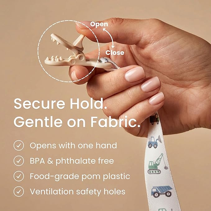 Stadela Baby Fabric Pacifier Clip Holder, Plastic Clip, 4‑Pack, Dinosaur Pattern, Dinomite Set