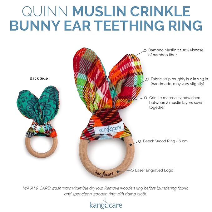 Kanga Care Baby Soft Muslin Sensory Crinkle Bunny Ear Wood Teething Ring - Quinn Plaid