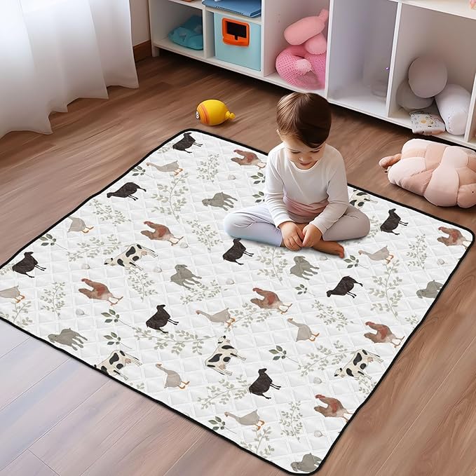 Baby Play Mat Farm Cow Rooster Goose 50 x 50 Playpen Mats for Floor Play Gym Crawling Mat Non-Slip Cushioned Baby Playmat for Infants, Babies, Toddlers