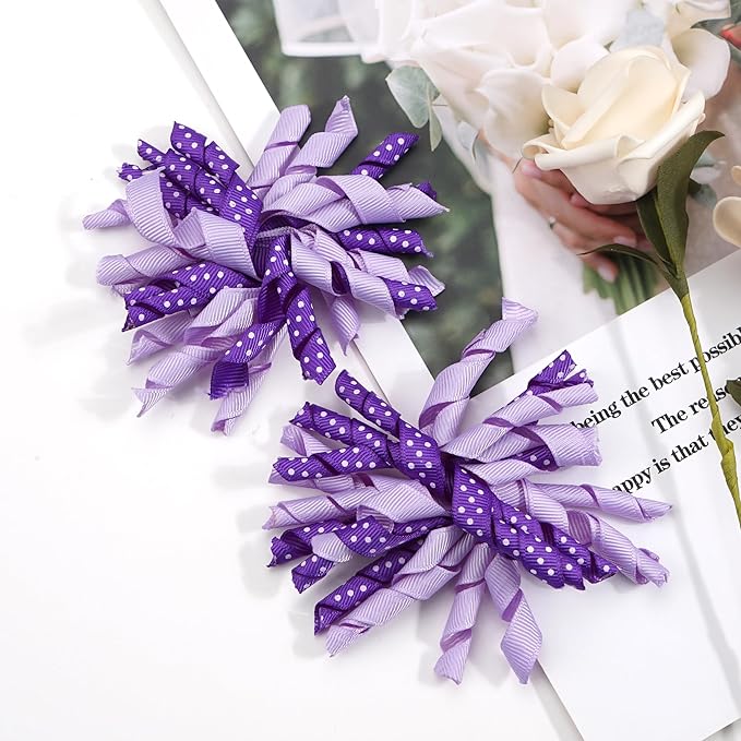 Yxiang 2PCS Purple Korker Bows for Girls 3'' Curly Bow Hair Clip Ribbon Ponytail Bows Alligator Clip Hair Barrette for Girls Toddlers Kids