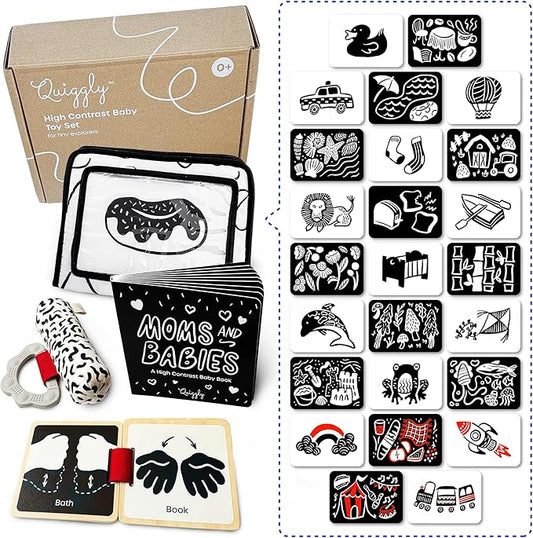 Quiggly High Contrast Baby Toy Set - Black and White Newborn Sensory Toys - Tummy Time Mirror, 25 Visual Stimulation Cards & Board Book - Infant Play Kit for Newborns 0-3 Months (Standard)