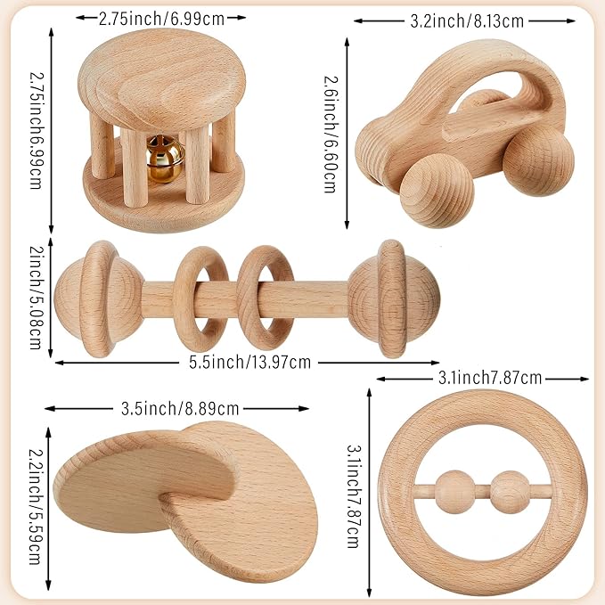 Zhanmai 5 Pieces Wooden Baby Toys Montessori Toys for Babies 0-6-12 Months Toy Rattles with Bells Baby Push Car Wooden Newborn Toy for Toddlers 1-3 Years Old Infant Boys and Girls Gifts