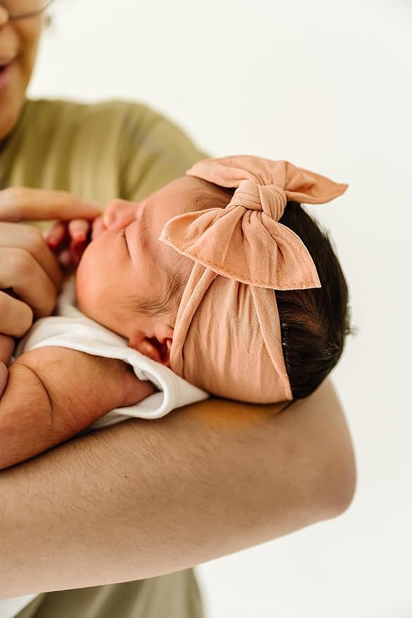 Baby Bling Bows - Newborn to Little Baby Girl Bows, 2PK PRINT SOLID KNOTS Nylon Super Soft Stretchy Toddler Headbands, Perfect Hair Accessories Head Bands for Infant Kids (Spice Floral & Rose Gold)