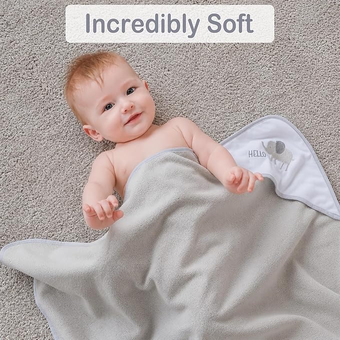 Viviland Baby Towels and Baby Wash Cloths Set Hooded Baby Towels Baby Wipes Absorbent Bath Face Towels Burp Cloths or Face Towels for Girl Boy 6-Pack Size 28 x 28 Inch(Grey Animal Friends)