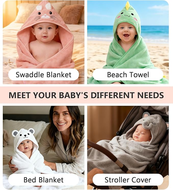 12 PCS Baby Bath Towels Set - 4 Pack Animal Hooded Baby Towels Robe + 8 Soft Washcloths, Ultra Absorbent & Quick Drying, Cute Newborn Bath Essentials for Boys Girls, Infant Toddler Shower Gift