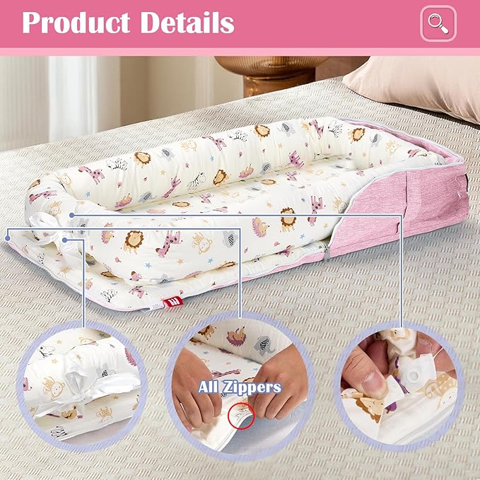Baby Lounger for Tummy Time Portable,Baby Play mat with Strap,Newborn Lounger Inner Zipper for Boys Girls 0-24 Months,Animal World Pink