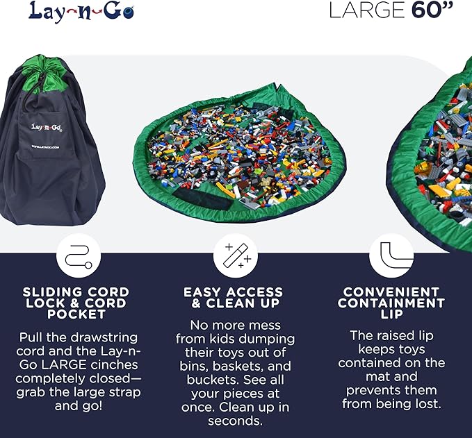 Lay-n-Go Layflat Portable Drawstring Cinch Storage Toy & Mini Figures Organizer & Play Mat, Mesh Pockets, Home & Travel, Kids & Toddlers Playdates, 2 Straps for Backpack, Durable, Machine Washable