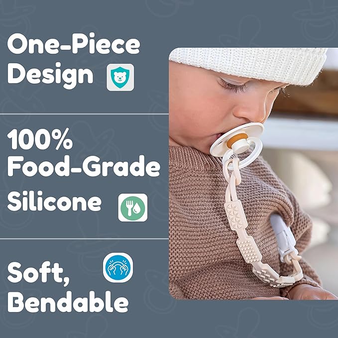 Silicone Pacifier Clip with 4 Teething Textures, One-Piece Patented Design, Dishwasher Safe, Secure Plastic Clip, Fits All Pacifiers, Baby’s Aid (Buttercream)