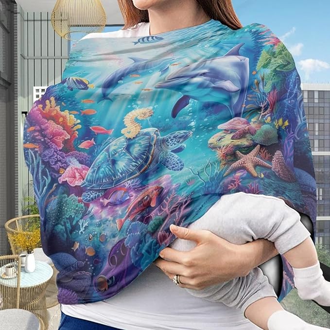 Youngerbaby Dolphin Turtle Baby Car Seat Covers Nursing Cover Breastfeeding Soft Infant Carseat Canopy,Stretchy Breathable Cover for Stroller High Chair Shopping Cart Canopies