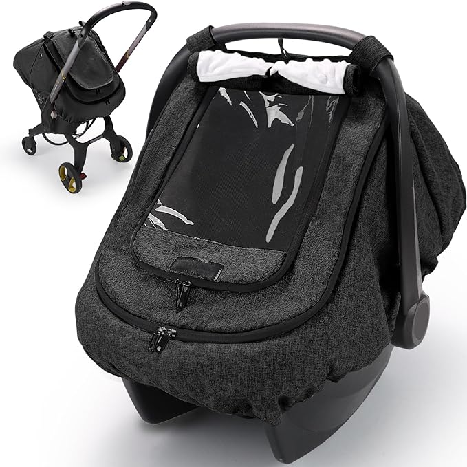 Waterproof Baby Car Seat Cover, Infant Car Seat Cover Canopy Windproof Rainproof for Baby Boys Girls, 2 Layers with Clear and Mesh Window Protect Baby from Rain Snow and Sunlight - Black