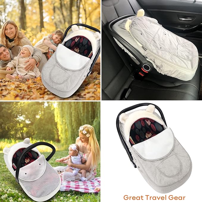 Baby Car Seat Cover for Infant Newborn - Universal Fitted 3-Season (Winter/Spring/Autumn) Canopy, Warm Breathable with Mesh Cover, Unisex for Baby Boy Girl - Beige