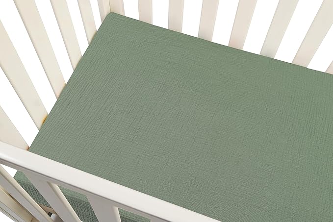 Onacosht Muslin Crib Sheets for Boys Girls, Soft Breathable 100% Cotton Baby Fitted Sheet 52" x 28" for Standard Toddler Crib Mattress, 2 Pack, Green and Leaf