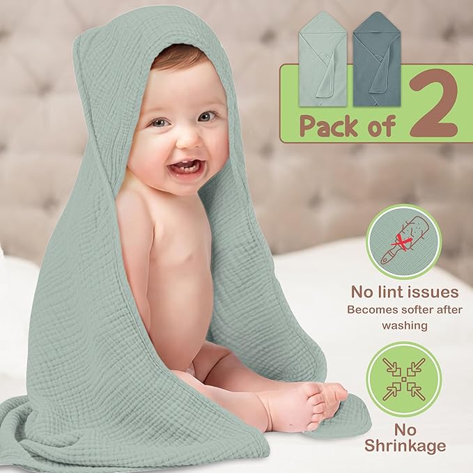 100% Organic Cotton Muslin Baby Hooded Towels - 32x32 Inch, 2 Pack Newborn Bath Towels for Boys & Girls, Soft & Absorbent Bath Set (Green/Mint Green)