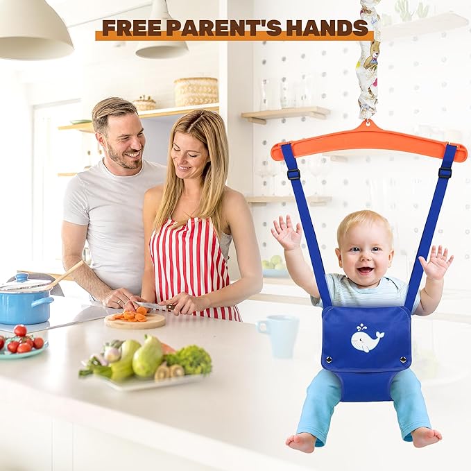 Baby Jumper with Stand, Foldable Activity Jumper for Infants, Height Adjustable Baby Bouncer No Doorway Needed Toddler Jumper, Portable Indoor Outdoor Baby Activity Center for 6-12 Months (Blue)