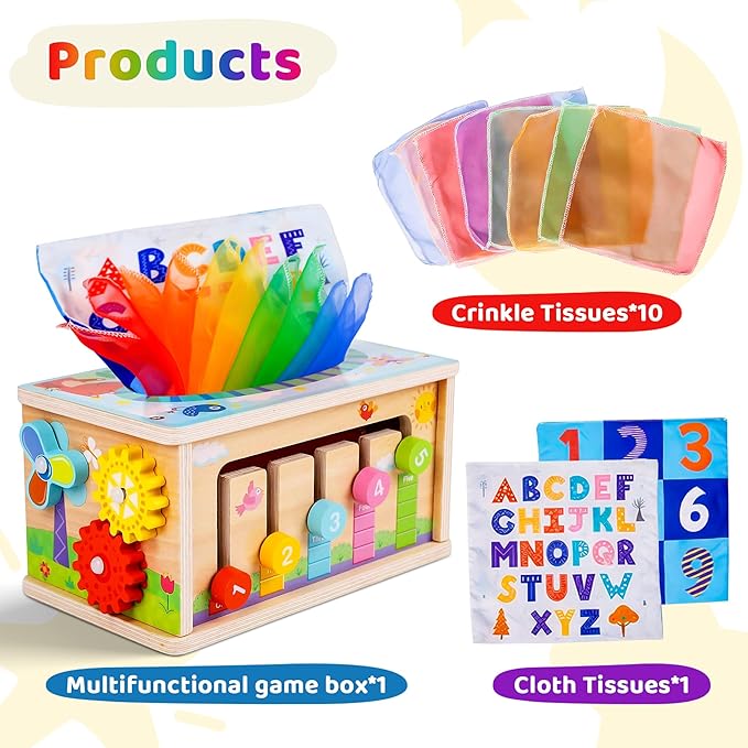 Montessori Baby Wooden Tissue Box Christmas Toy 6-in-1 Sensory Tissue Box Toy for Babies 36+ Months Developmental Toys for Babies, for 36+ Months