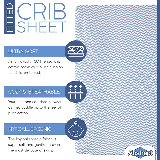 Pack n Play Fitted Sheet – Super Soft, 100% Natural Jersey Cotton – 27” x 39” – for Boys and Girls, Fits Pack n Play, Playard and Foldable Mattresses - Covered Elastic Hem – Zigzag Blue