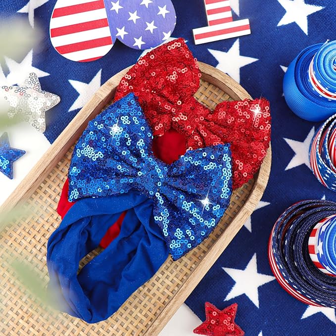 Baby Girl Hair Bows 4th of July Red Blue Headband Sequins Large Bows Patriotic Police Glitter Headband Bows Infant Hair Accessories Kids