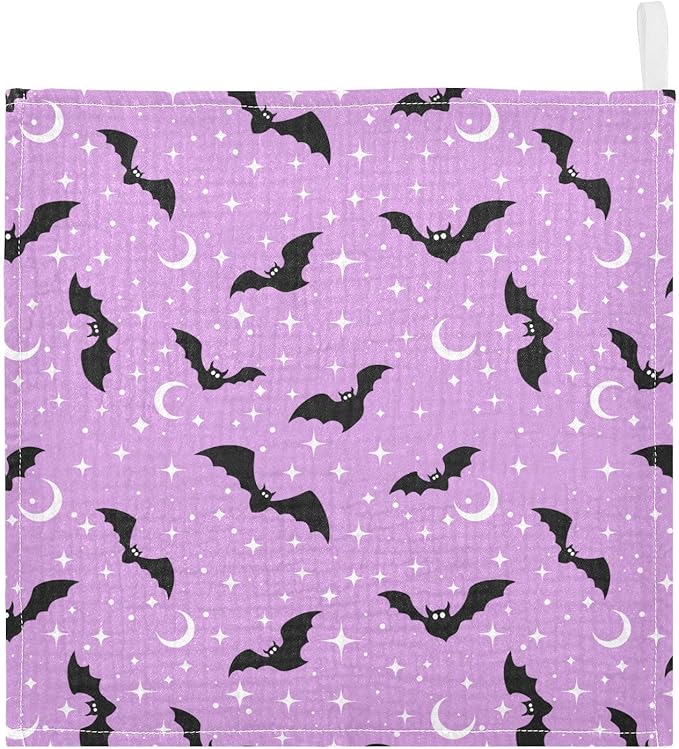 Newborn Face Towel Halloween Bats Moons Soft Cotton Baby Washcloths 11.8 x 11.8 Inch Infants Girls Boys Muslin Burp Cloths 5 Pack