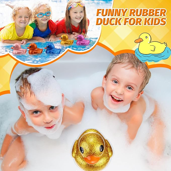 Honoson 6 Pieces Giant Glitter Rubber Ducks 6.89 Inch Big Sparkly Rubber Ducky Jumbo Duck Bathtub Toys with Squeaky Sound for Baby Shower Birthday Party Favor Summer Beach Pool Activity (Colorful)