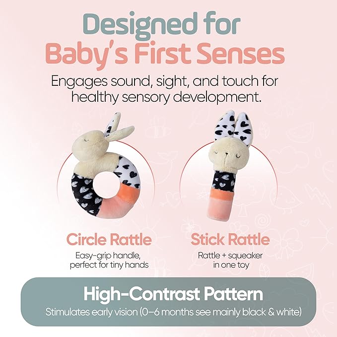 Bella Bunny Baby Rattle Toys - Rattles for Babies 0-6 Months High Contrast Baby Toys for Newborn Gifts - Ultra-Soft Sensory Toy Stick and Circle Baby Rattles 0-6 Months (2-Pack)