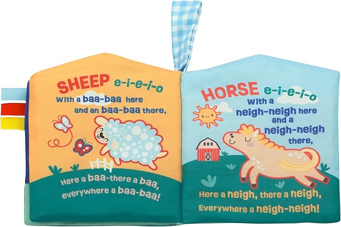 Magic Years 5 inch Soft, Crinkle Activity Book with Teether and Travel Strap for Baby, Old Macdonald Had a Farm, Red