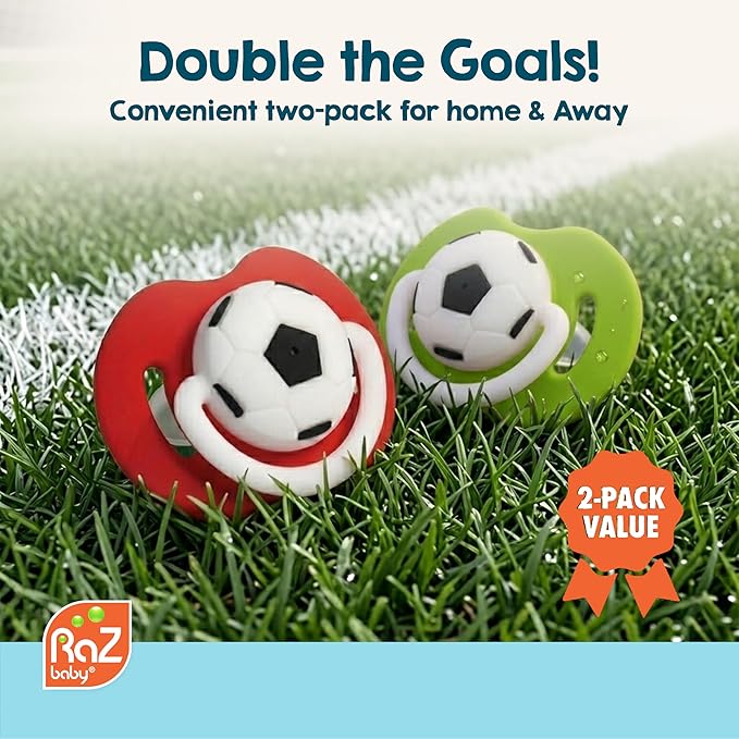 RaZbaby Soccer Pacifier - BPA-Free Silicone Orthodontic Nipple, Ideal for Soccer Lovers, 0-36 Months - 2-Pack Soccer