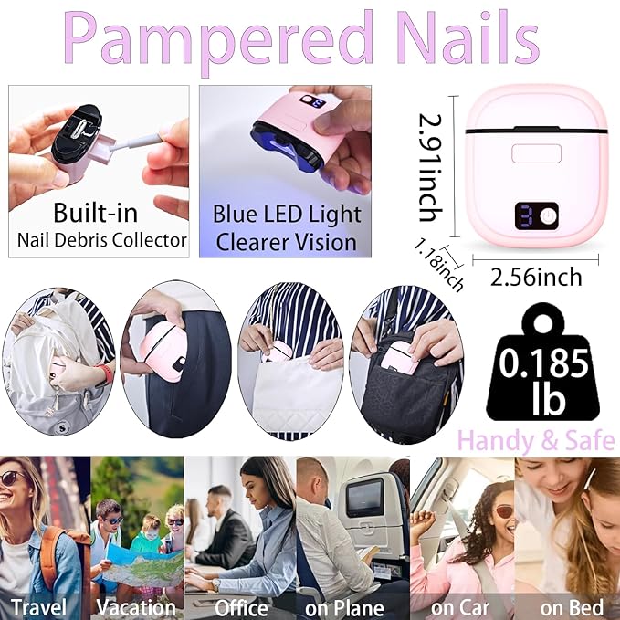 2 in 1 Electric Nails Clipper w/ Light, Automatic Nail Trimmer w/ Clip Storage, Fingernail File Cutter Rechargeable Adjustable 3 Speed, Manicure Care, Filer for Kid Caregiver Women Girl Pink