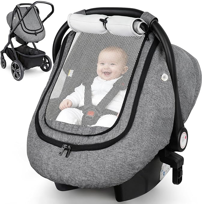 Rquite Car Seat Cover Baby, Carseat Covers Boy Girl, 2 Layers Window -Breathable Mesh & Wind/Sun Shade, Infant Car Seat Canopy Baby Carrier/Stroller Cover, Fit Spring, Fall, Winter, Cold Weather