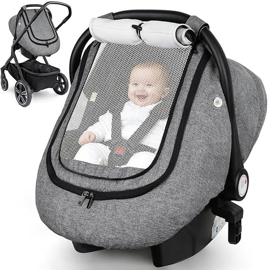 Rquite Car Seat Cover Baby, Carseat Covers Boy Girl, 2 Layers Window -Breathable Mesh & Wind/Sun Shade, Infant Car Seat Canopy Baby Carrier/Stroller Cover, Fit Spring, Fall, Winter, Cold Weather