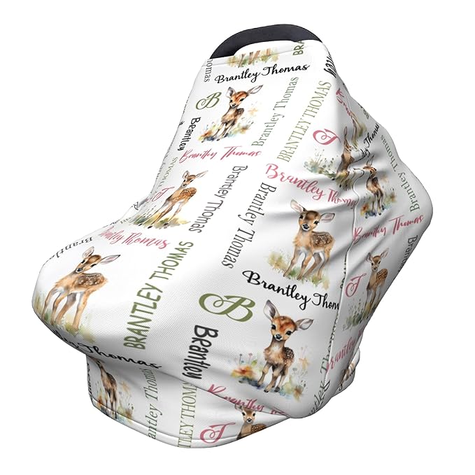 Personalized Baby Car Seat Covers for Babies, Custom Deer Nursing Breastfeeding Carseat Canopy with Name, Infant Stroller Covers for Newborn Girls Boys, Breathable Carseat Cover