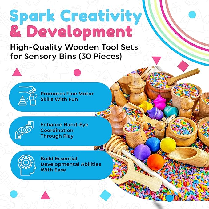 Rainbow Rice and Sensory Bin Tools (30 Pieces), Wooden Sensory Bin Tools and Scoops with Chemical-Free and Food-Safe Rice, Table Tools for Fine Motor Skills