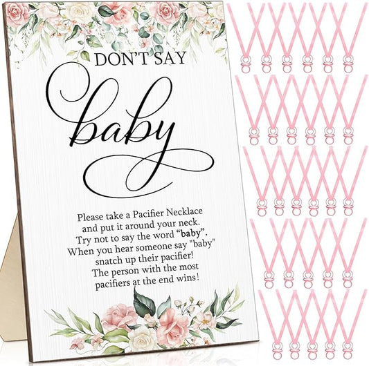 Geetery 51 Pcs Don't Say Baby Game Sign Cool Baby Shower Game 50 Pacifier Necklace Wooden Don't Say Sign Plastic Pacifier Party Favor for Gender Reveal(Floral,Pink)