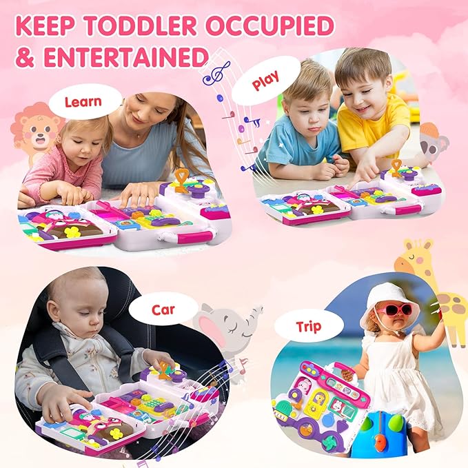 Toddler Toys for 1-2 Year Old Girl ,Montessori Bilingual Musical Busy Car Board,Baby Stuffed Animals Toys for Toddlers 1-3,Motor Skills Learning Toy 12-18 Month,Birthday Gift for 1+ Year Old Boy Girl