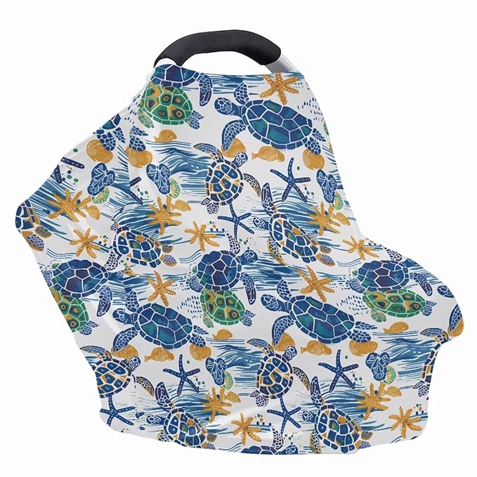 Binienty Baby Car Seat Cover - Watercolor Sea Turtle Print Infant Carseat Canopy Soft Breathable Nursing Cover, Gifts for Mom Lover Wife