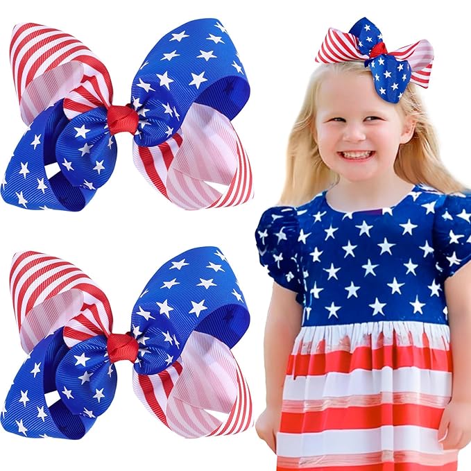 Oaoleer 2PCS 4th of July Hair Bows for Girls, Red White Blue Bows Hair Alligator Clips Hair Barrettes for Baby Girls Infants Toddlers Kids Teens Children