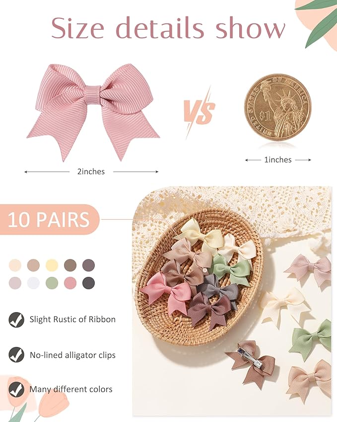 Jollybows 20pcs Baby Hair Clips Girls Bows 2" Mini Ribbon Alligator Clip Toddler Pigtail Bow Fine Hair Clip