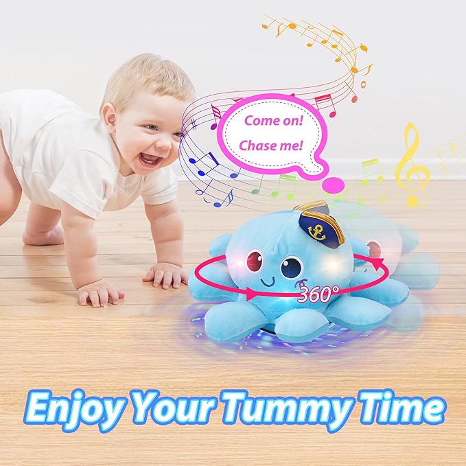 Musical Octopus Baby Toy - Crawling & Rotating Octopus Toy with Recording, Light-Up Voice Control, Clap Hands Awake for 2-6 Year Old Boys and Girls, Tummy Time Sensory Toy