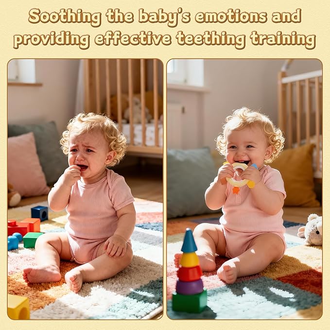 Baby Teething Rings Rattle Toys - BPA-Free Silicone Teether for 0-24 Months Infants & Toddlers, Safe Soft Chew Toys with Rattle Sound, Essential Teething Relief for Babies