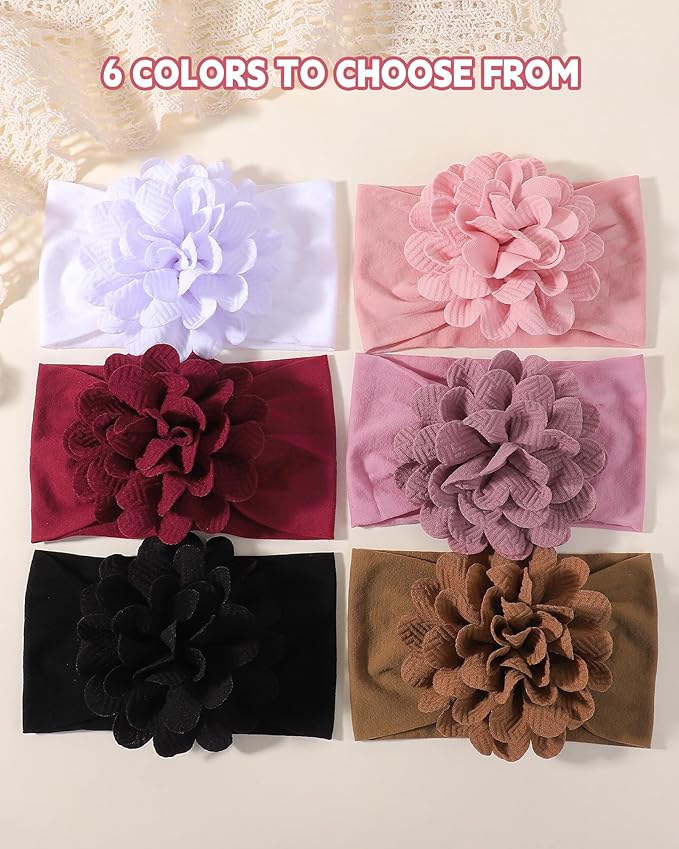 jollybows 6pcs Baby Girls Flower Hair Headbands Nylon Hair Bands Elastic Hair Accessories for Newborn Kids Infants Toddlers Dark Color