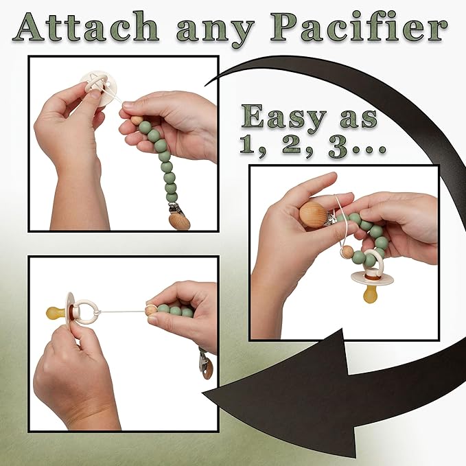 Pacifier Clip Made with Silicone Beads and Secured with Wood Clip. 9" Long. Keeps Pacifiers securely Fastened. (Black)