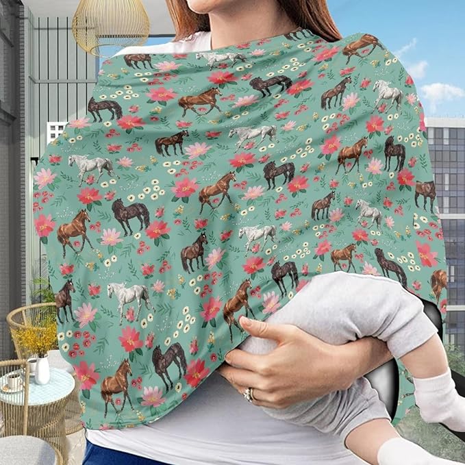 Car Seat Canopy for Baby Girls, Horse Print Nursing Cover Elastic Breastfeeding Cover Soft Car Infant Seat Cover