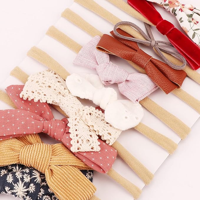 BQUBO Baby Girl Headbands with Bows Nylon Hairbands Handmade Hair Accessories for Newborn Infant Toddlers 10 Pack