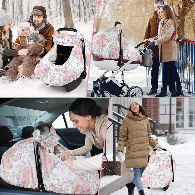 Car Seat Cover Baby, HNHUAMING Infant Car Seat Covers Canopy, Infant Car Seat Insert, Baby Car Seat Head & Body Support for Newborn, Car Seat Strap Pads for Baby Kids, Pink