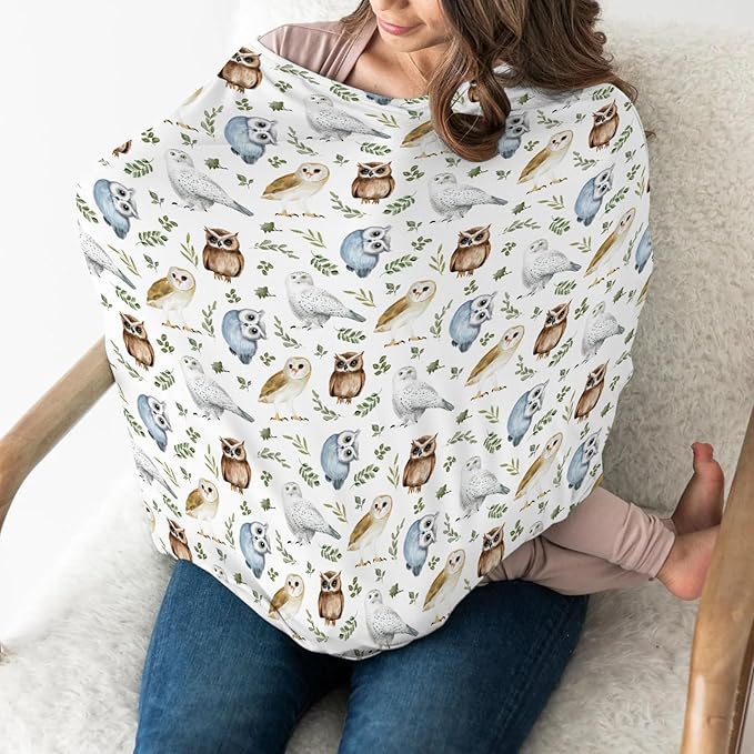 Watercolor Owls Boho Leaves Car Seat Cover for Babies Owl Breeds Green Leaves Stretchy 5-in-1 Cover Adjustable Infant Carseat Cover Canopy Vintage Birds Breathable Nursing Cover-Up