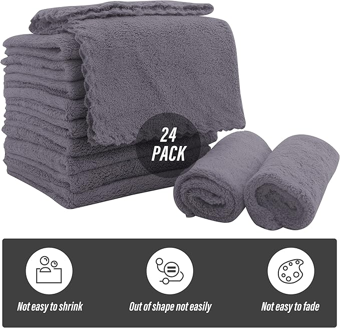 Sunny zzzZZ Ultra Soft 24 Pack Baby Washcloths - 10x10 Inches - Coral Fleece Extra Absorbent Wash Clothes for Babies, Infants and Toddlers - Sensitive Skin and Newborn - Ideal Baby - Dark Grey
