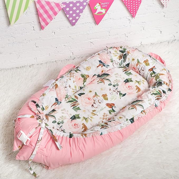 DILIMI Baby Lounger Cover, Cotton Baby Nest Replacement Cover for Girls Boys, Soft Breathable Reversible Newborn Lounger Cover, Pink Floral (Only Cover)