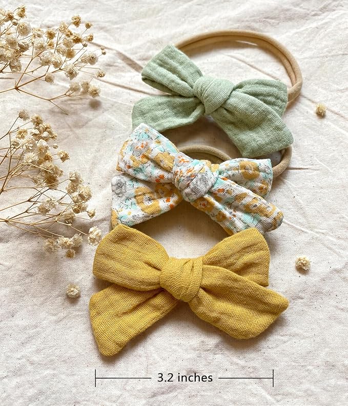 Cherssy Baby Muslin Hair Bows and Headbands, 10pcs Soft Nylon Hairbands for Newborn, Infants, Toddlers