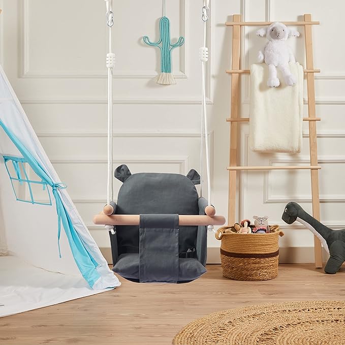 Secure Baby Swing Seat with Safety Belt - Baby Canvas and Wooden Swing Chair with Ear Décor Cushion - Hanging Indoor Swing for Infants & Baby Swing Outdoor - Tree Toddler Swing for Backyard Outside